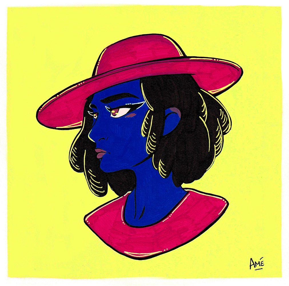 Chapeau Rose - Illustration d'une femme au chapeau sur fond jaune par Amélie Bailly, AméAmé.art