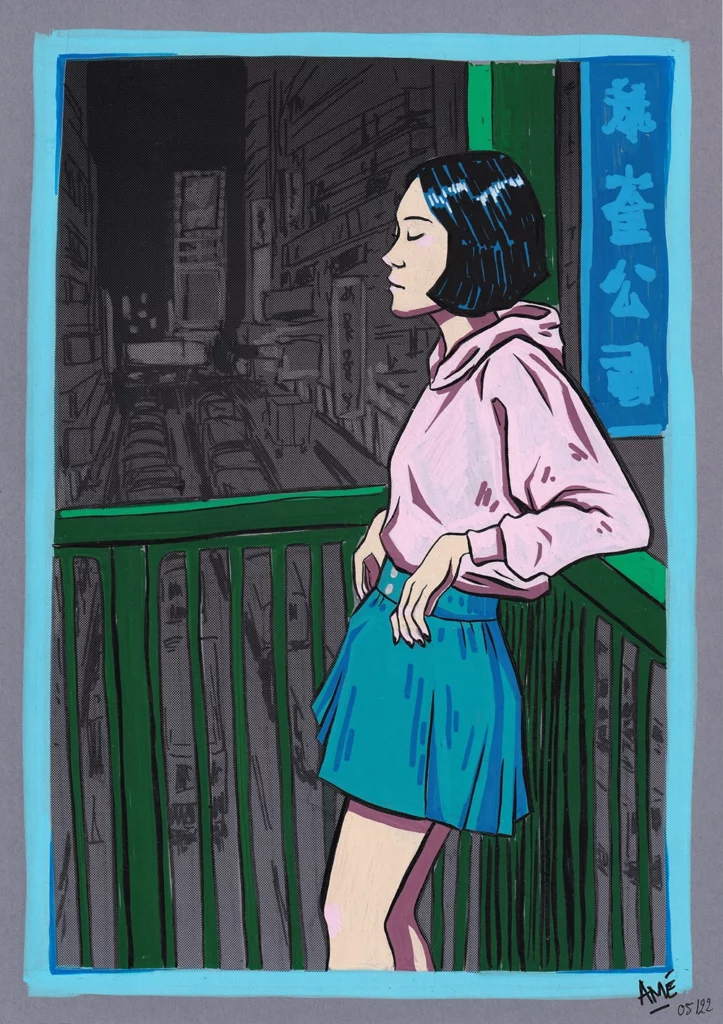 Illustration d'une jeune fille sur son balcon dans une ambiance de nuit, dessiné par Amélie Bailly, aussi AméAm.Art