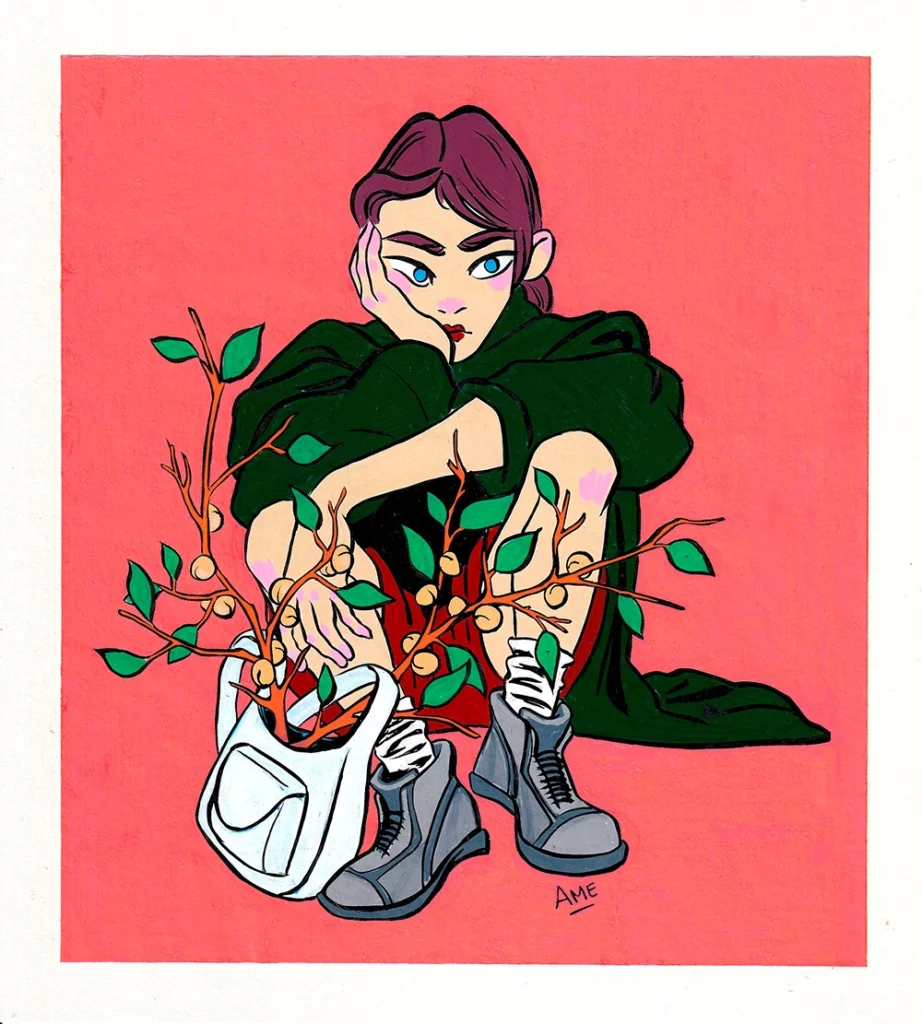 Illustration d'une jeune fille tenant un sac avec des plantes sur fond abricot, d'après Amélie Bailly soit AméAmé.art