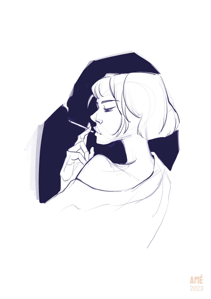 Portrait dans les nuances de bleu d'une femme fumant sa cigarette, dessiné par Amélie Bailly, AméAmé.art