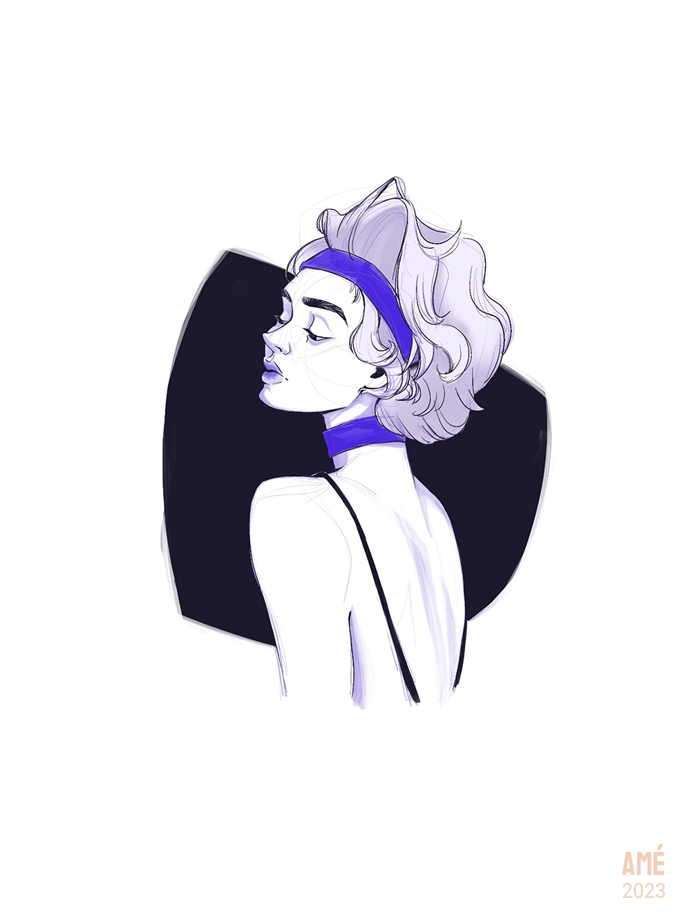 Elégante Pinup - Portrait d'une femme au bandeau dans les tons bleus, crée par Amélie Bailly, aussi AméAmé.art