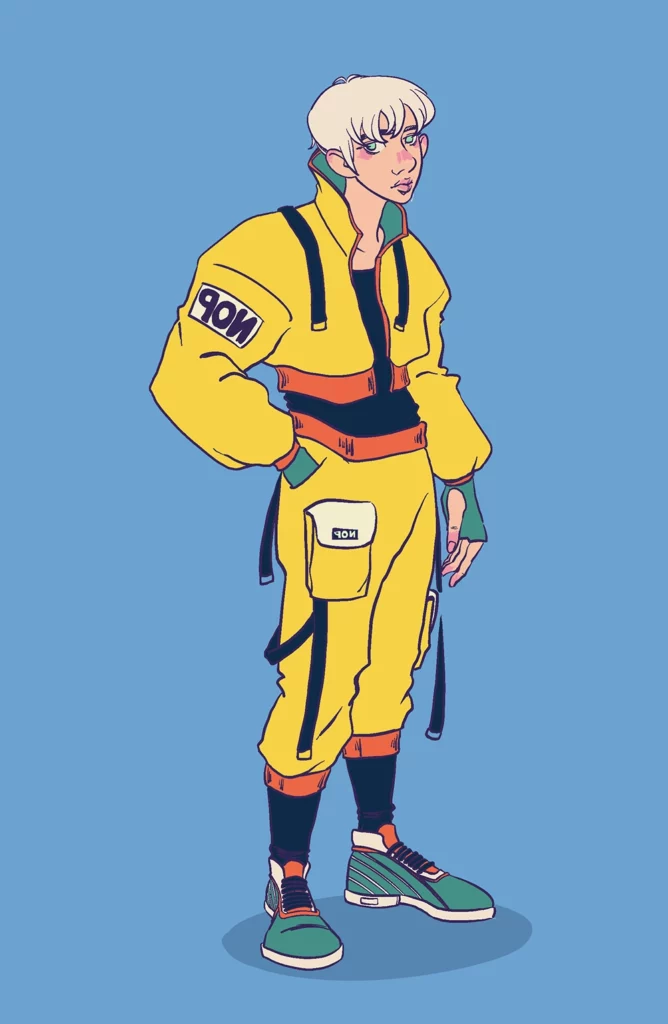 Illustration d'AméAmé.art, soit Amélie BAILLY : chara desiig, d'une jeune homme habillé d'une tenu sportware jaune sur fond bleu