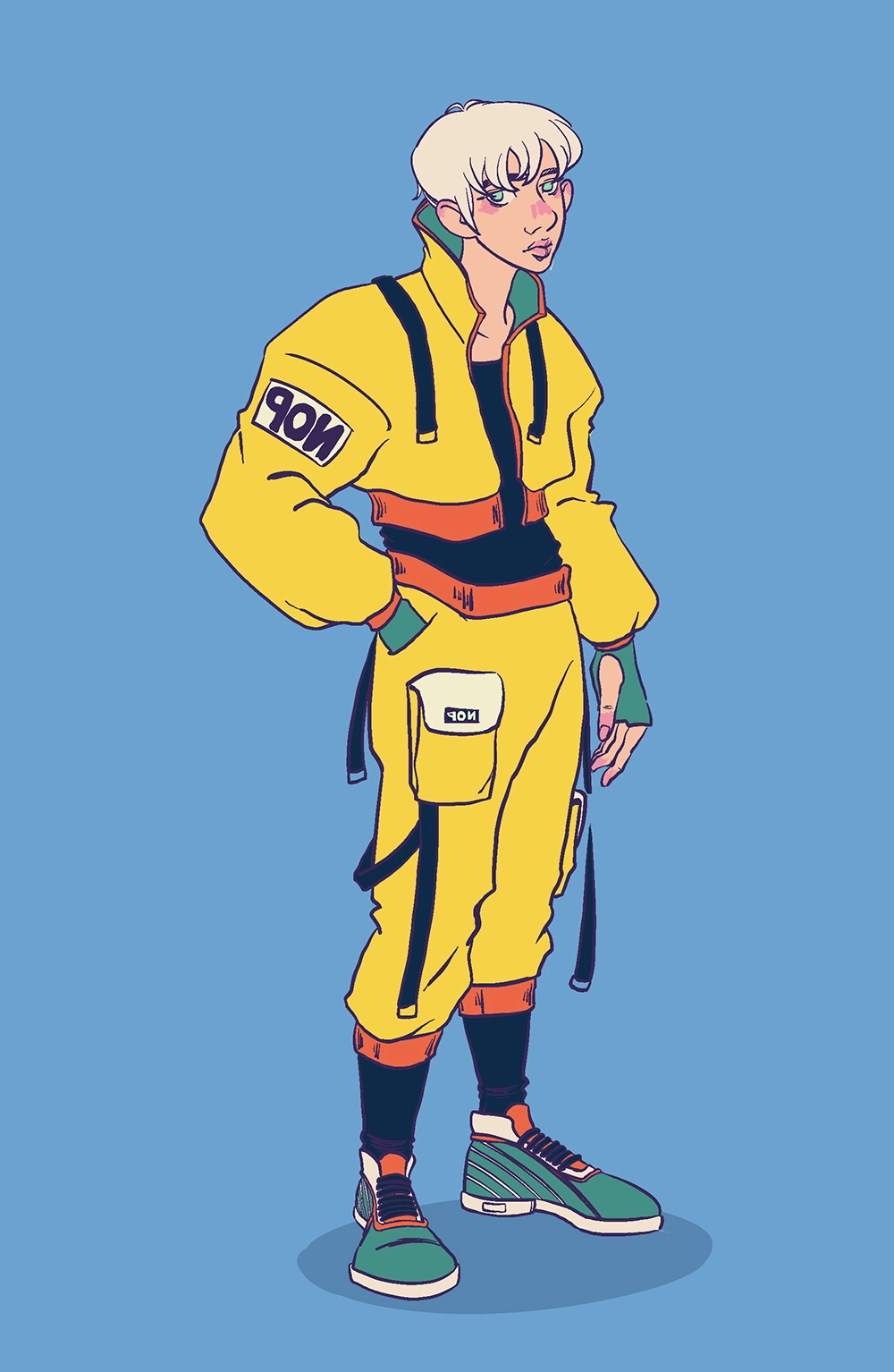 Character design - Techwear Jaune - Illustration d'AméAmé.art, soit Amélie BAILLY : chara design, d'un jeune homme habillé d'une tenue techwear jaune sur fond bleu