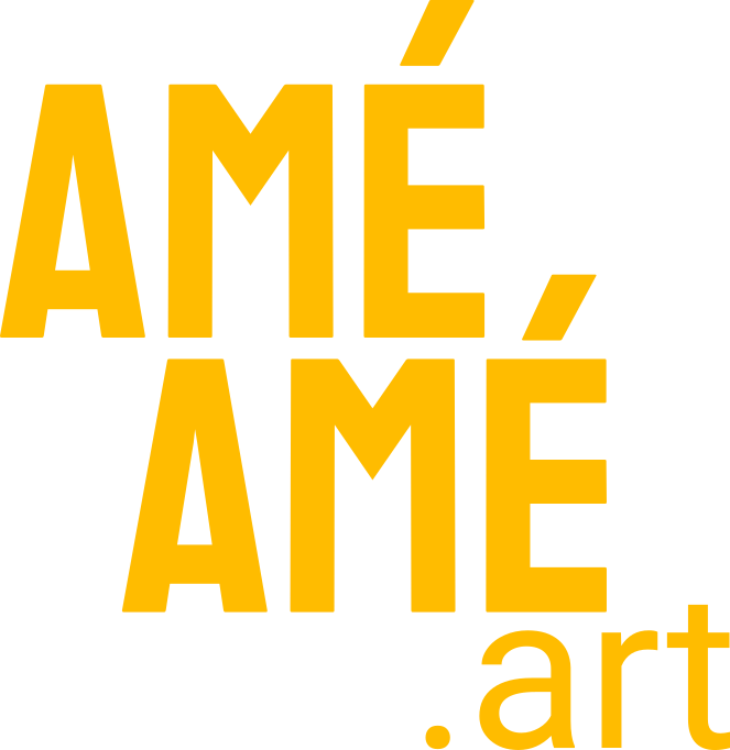 Logo Jaune écrit en gras "Amé Amé Art", le nom de l'illustratrice.