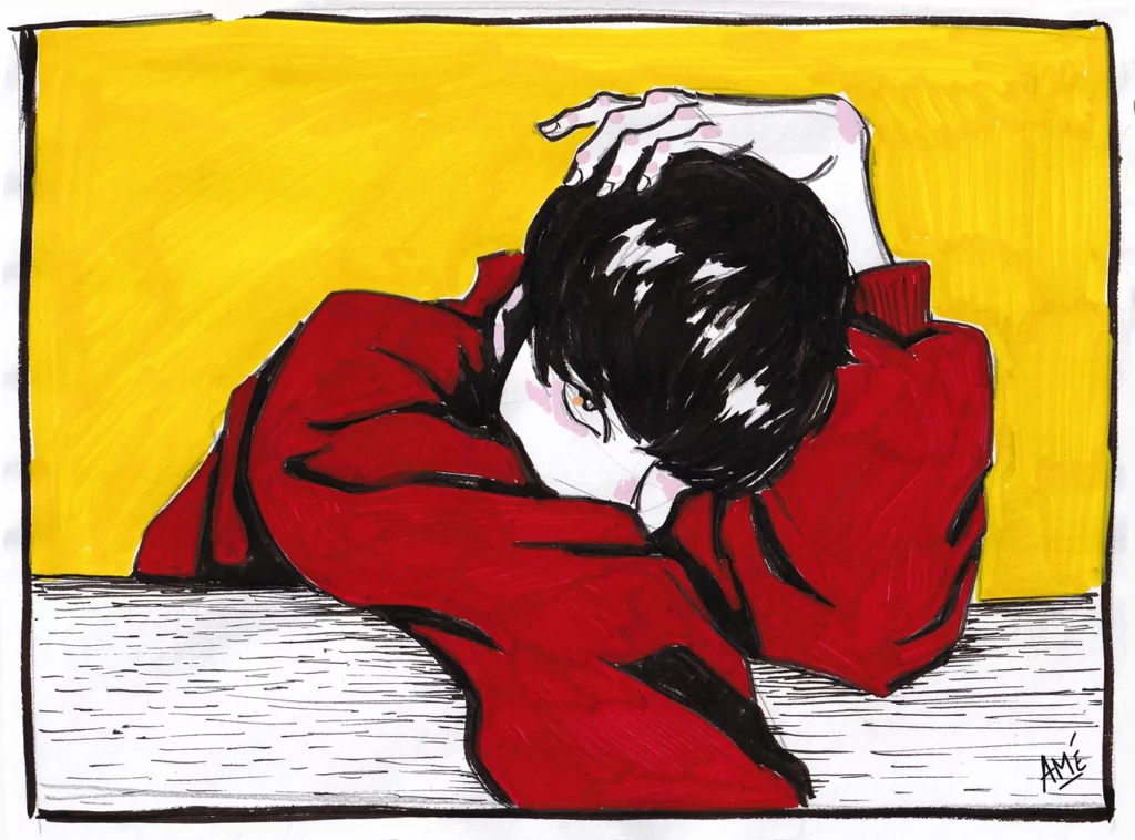 Lazy - Portrait d'une jeune homme qui s'endort dans ses propres bras, d'après Amélie bailly, AméAmé.art