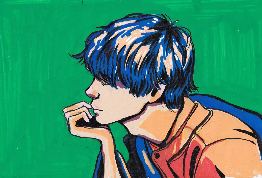 Homme de profil sur fond vert dessiné par Amélie Bailly, AméAmé.art